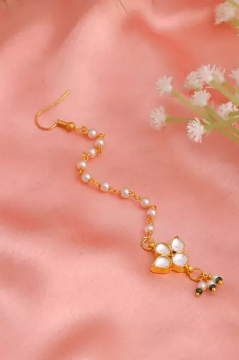 White pink stone pearl maang tikka