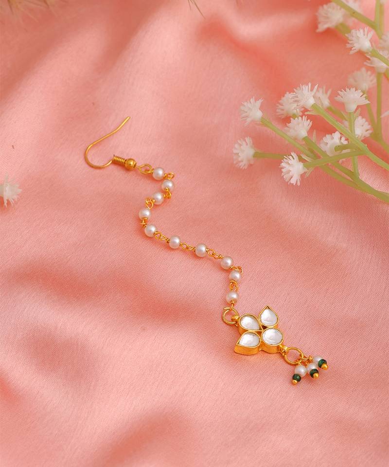White pink stone pearl maang tikka