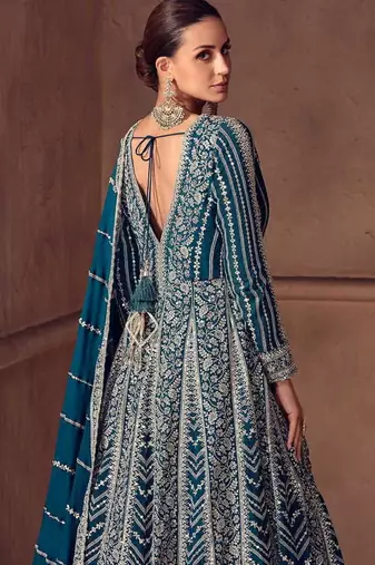 Teal blue faux chinon silk embroidered readymade anarkali suit