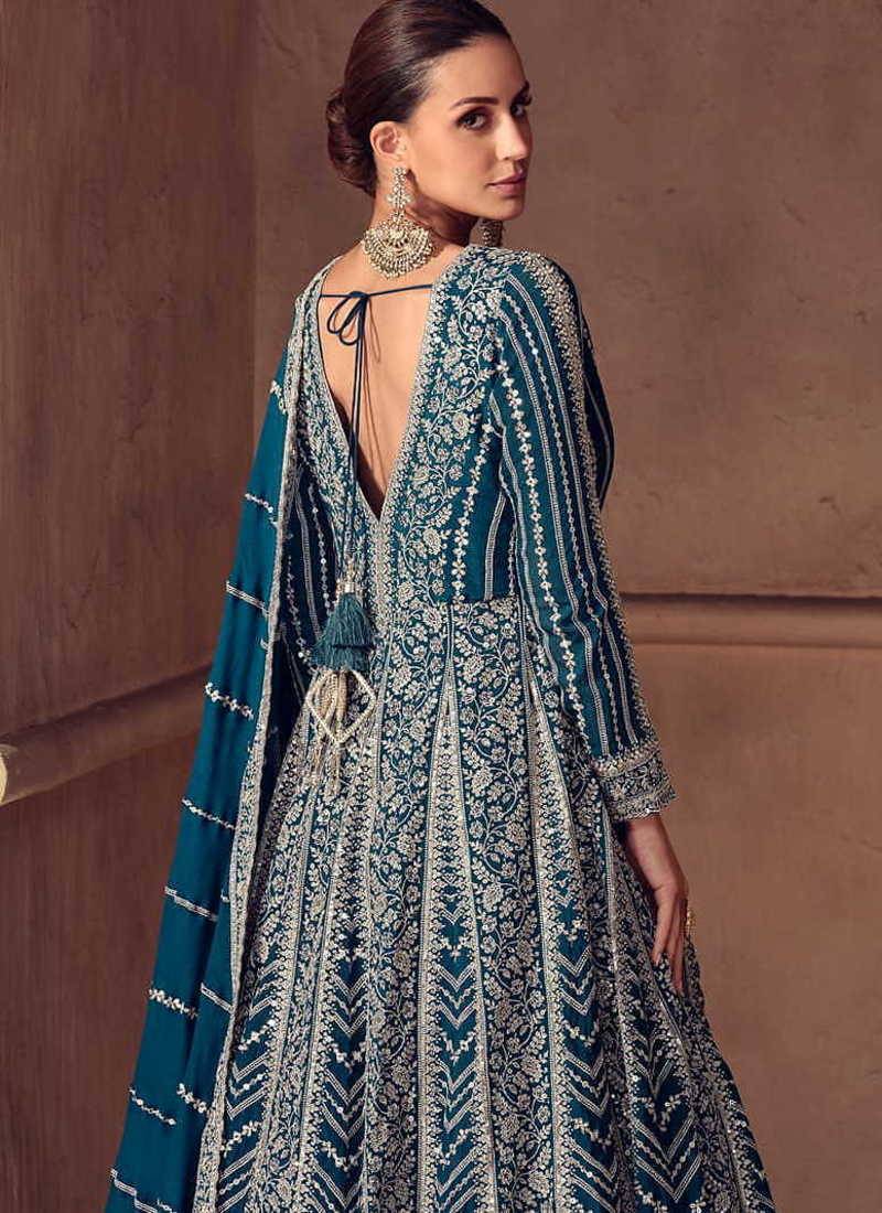 Teal blue faux chinon silk embroidered readymade anarkali suit
