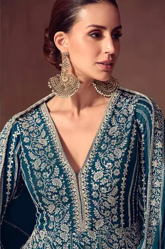 Teal blue faux chinon silk embroidered readymade anarkali suit