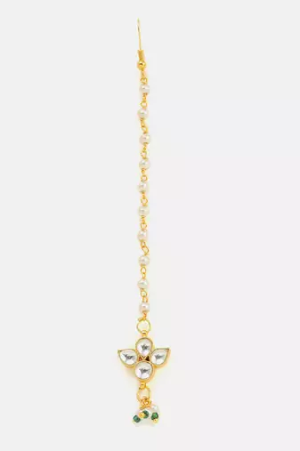White pink stone pearl maang tikka