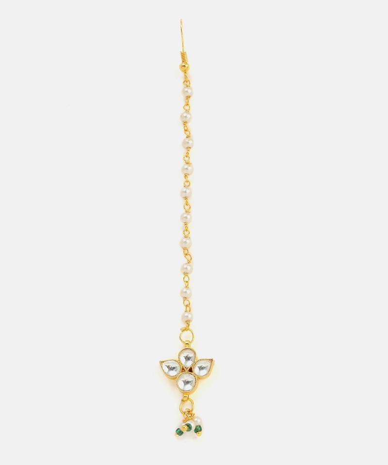 White pink stone pearl maang tikka