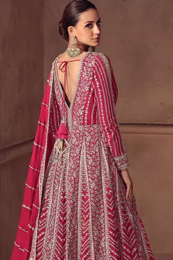 Rani pink faux chinon silk embroidered readymade anarkali suit