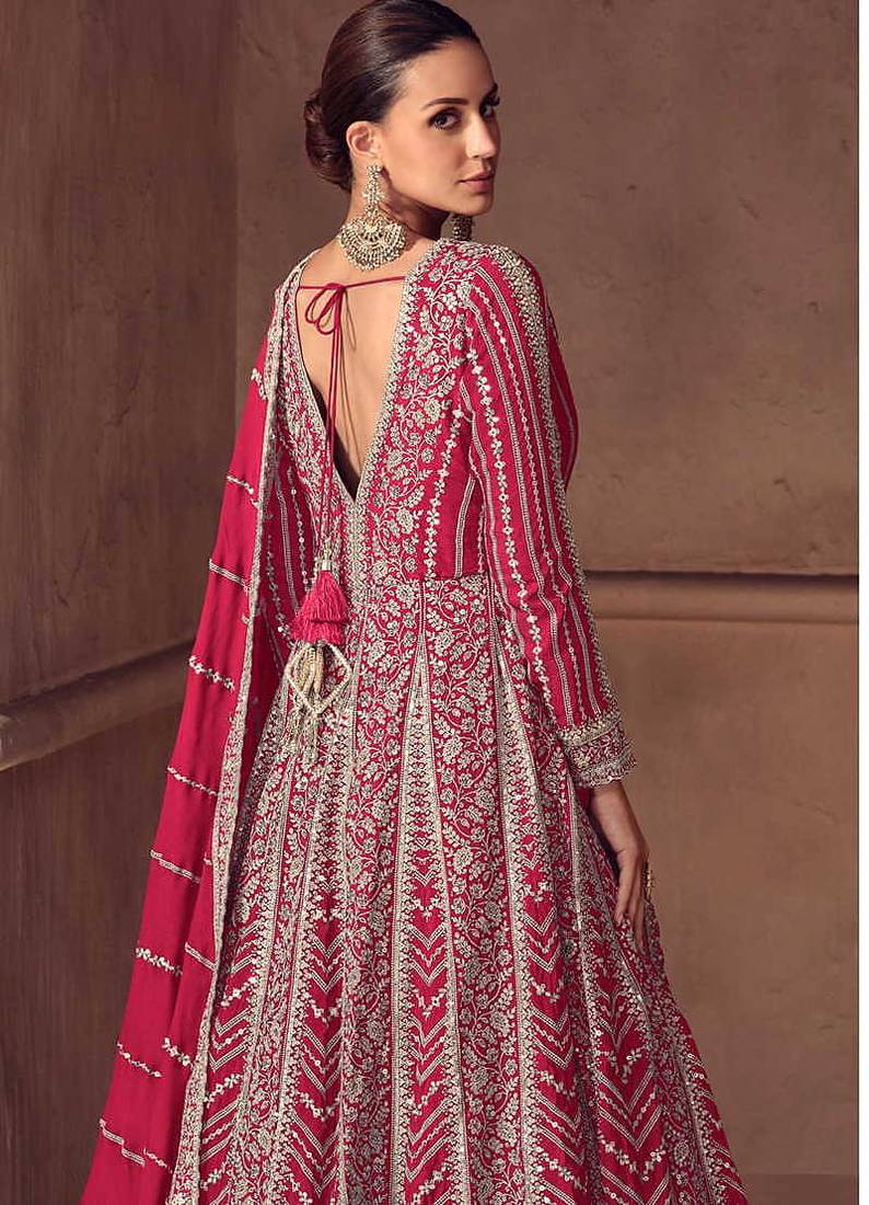 Rani pink faux chinon silk embroidered readymade anarkali suit