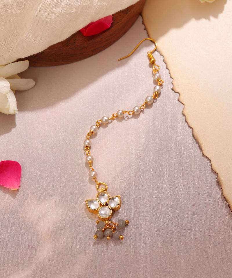 Grey kundan double drop maang tikka