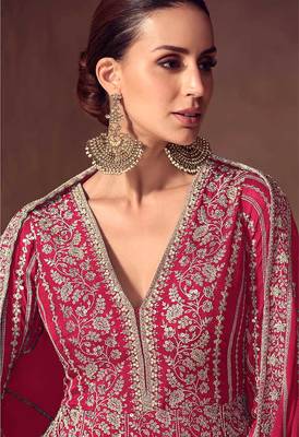 Rani pink faux chinon silk embroidered readymade anarkali suit 3