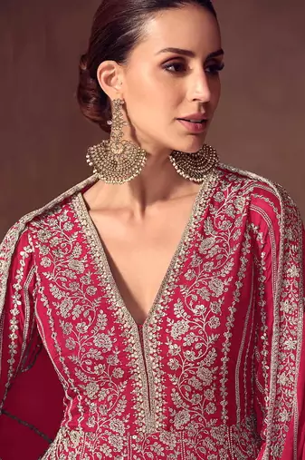 Rani pink faux chinon silk embroidered readymade anarkali suit