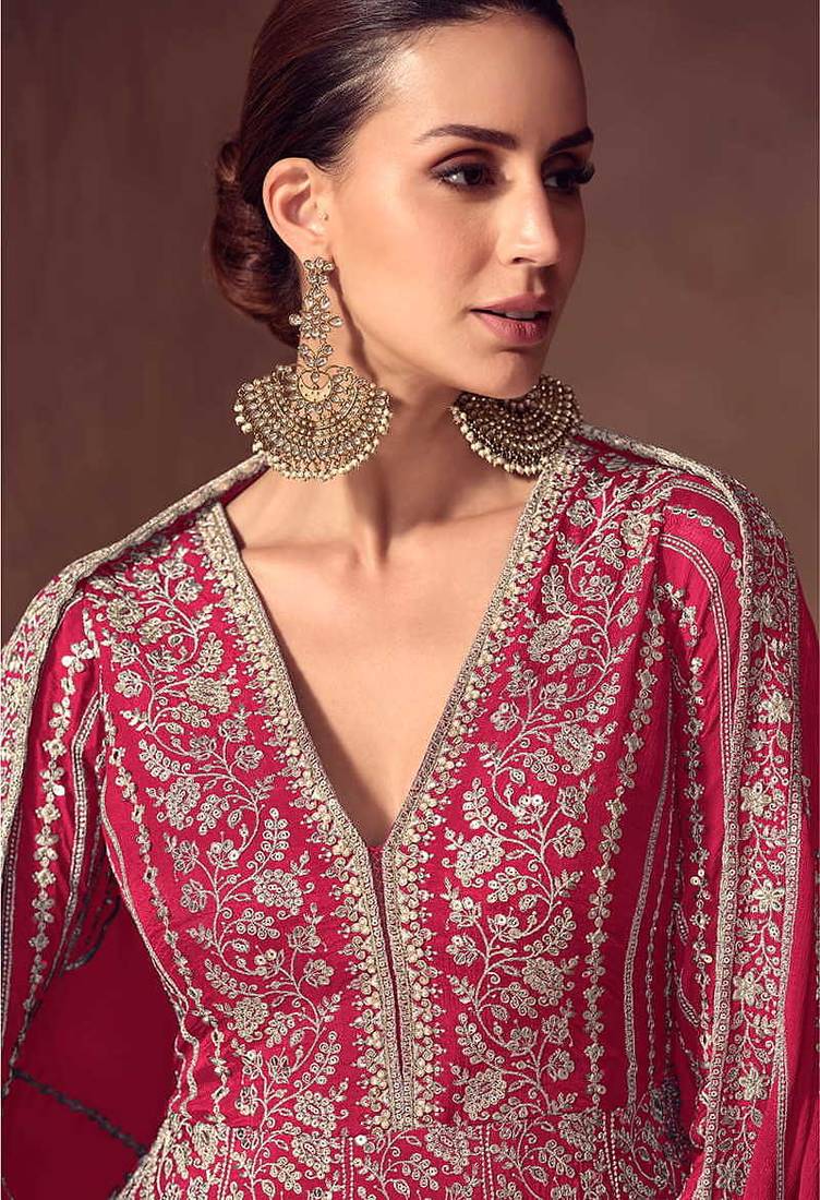 Rani pink faux chinon silk embroidered readymade anarkali suit