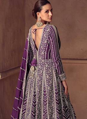 Purple faux chinon silk embroidered readymade anarkali suit 2
