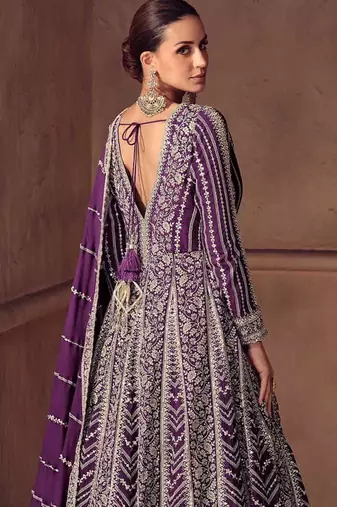 Purple faux chinon silk embroidered readymade anarkali suit