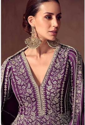 Purple faux chinon silk embroidered readymade anarkali suit 3