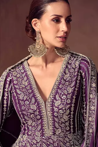 Purple faux chinon silk embroidered readymade anarkali suit