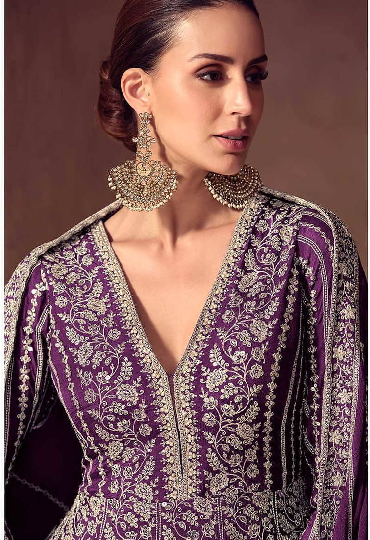 Purple faux chinon silk embroidered readymade anarkali suit