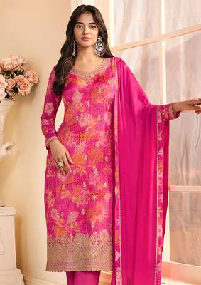 Rani pink faux chinon silk embroidered floral printed readymade salwar kameez 1