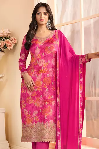 Rani pink faux chinon silk embroidered floral printed readymade salwar kameez