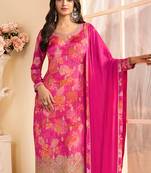 Rani pink faux chinon silk embroidered floral printed readymade salwar kameez