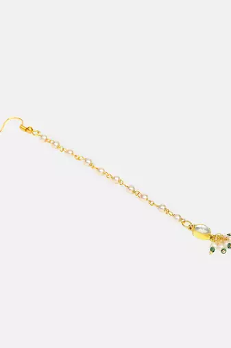 Emerald green stone kundan maang tikka