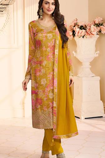 Golden faux chinon silk embroidered floral printed readymade salwar kameez