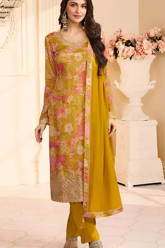 Golden faux chinon silk embroidered floral printed readymade salwar kameez