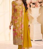 Golden faux chinon silk embroidered floral printed readymade salwar kameez