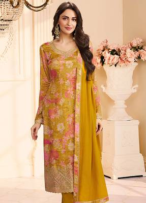 Golden faux chinon silk embroidered floral printed readymade salwar kameez 2
