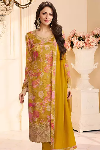 Golden faux chinon silk embroidered floral printed readymade salwar kameez