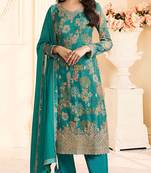 Teal faux chinon silk embroidered floral printed readymade salwar kameez