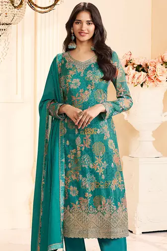 Teal faux chinon silk embroidered floral printed readymade salwar kameez