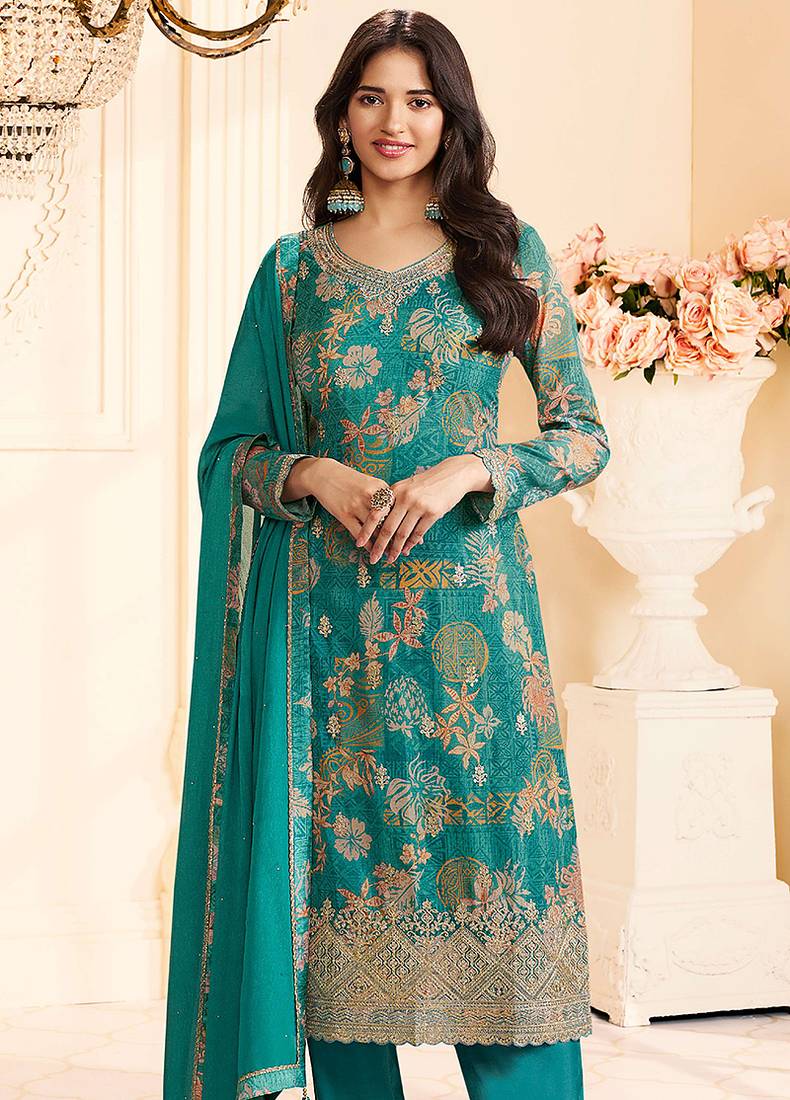 Teal faux chinon silk embroidered floral printed readymade salwar kameez