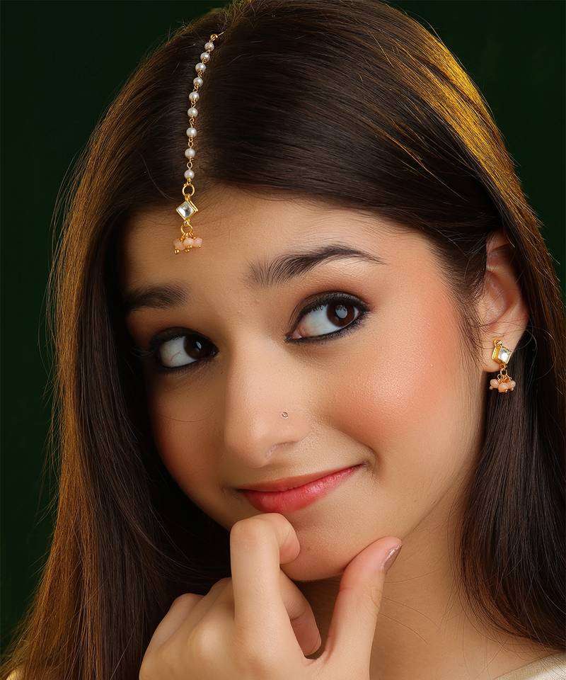 Pink stone kundan maang tikka