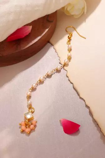 Pink stone kundan maang tikka
