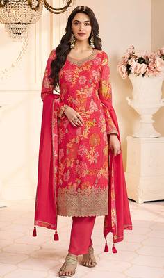 Crimson red faux chinon silk embroidered floral printed readymade salwar kameez 1