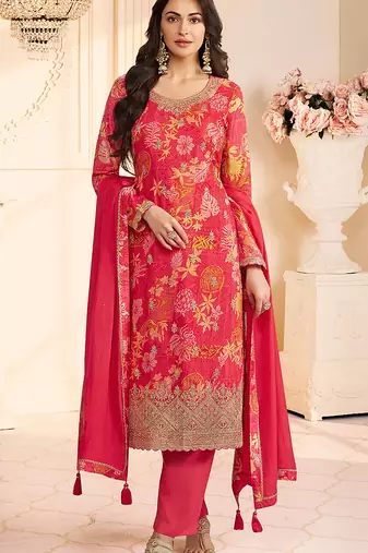 Crimson red faux chinon silk embroidered floral printed readymade salwar kameez