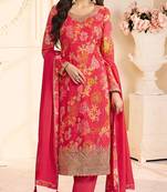Crimson red faux chinon silk embroidered floral printed readymade salwar kameez