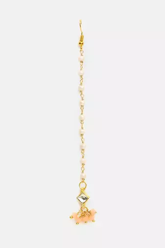 Pink stone kundan maang tikka