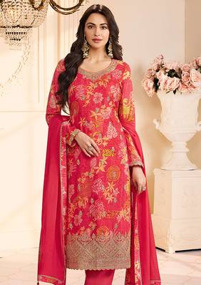 Crimson red faux chinon silk embroidered floral printed readymade salwar kameez 2