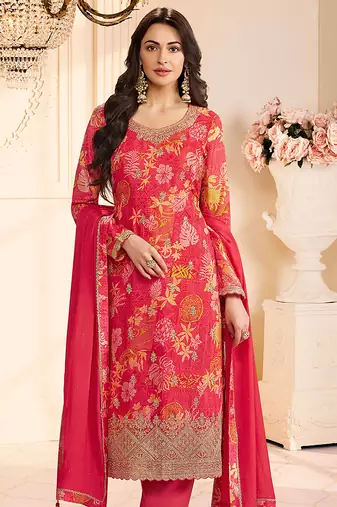 Crimson red faux chinon silk embroidered floral printed readymade salwar kameez