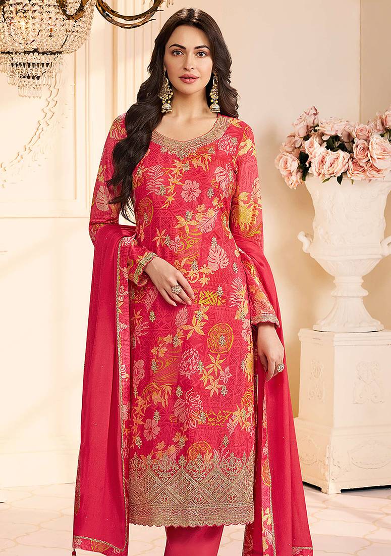 Crimson red faux chinon silk embroidered floral printed readymade salwar kameez