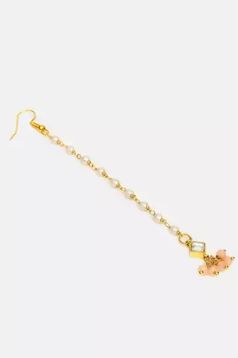 Pink stone kundan maang tikka