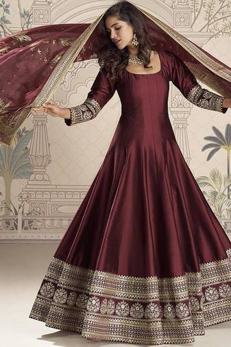 Maroon silk blend embroidered readymade anarkali dress with dupatta