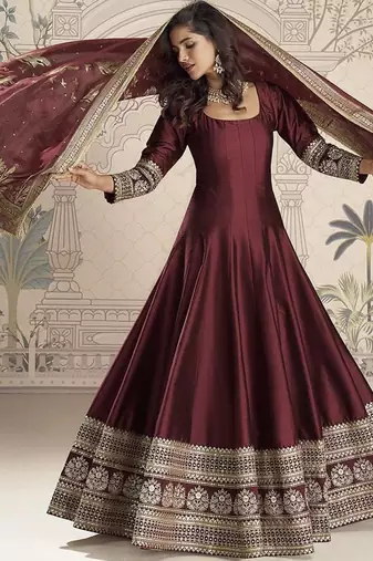 Maroon silk blend embroidered readymade anarkali dress with dupatta