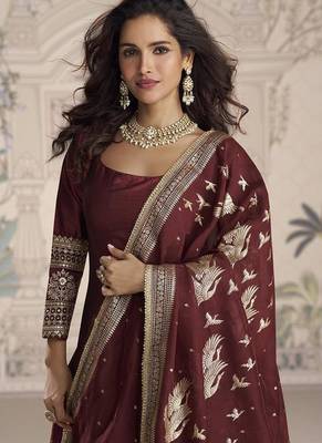 Maroon silk blend embroidered readymade anarkali dress with dupatta 2