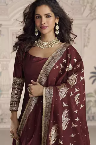 Maroon silk blend embroidered readymade anarkali dress with dupatta