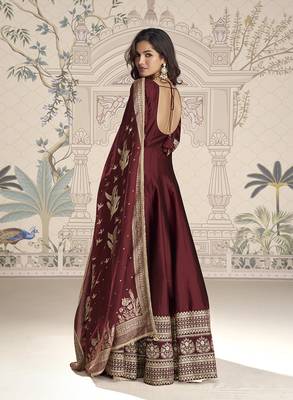 Maroon silk blend embroidered readymade anarkali dress with dupatta 3