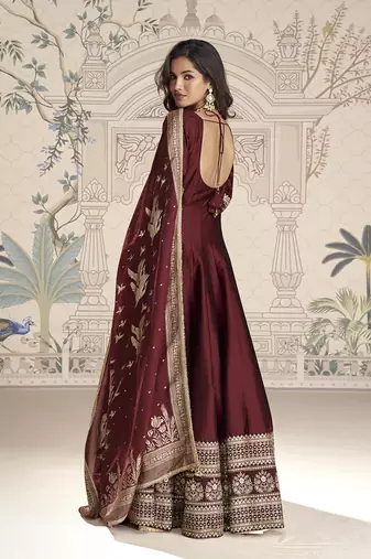 Maroon silk blend embroidered readymade anarkali dress with dupatta