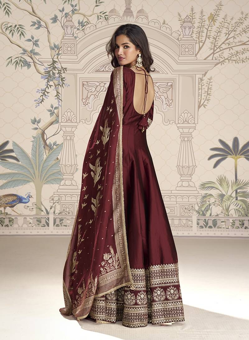 Maroon silk blend embroidered readymade anarkali dress with dupatta