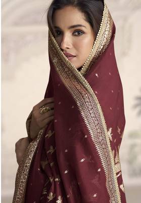 Maroon silk blend embroidered readymade anarkali dress with dupatta 4
