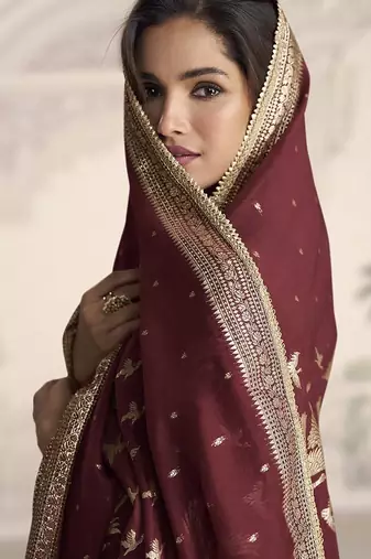Maroon silk blend embroidered readymade anarkali dress with dupatta