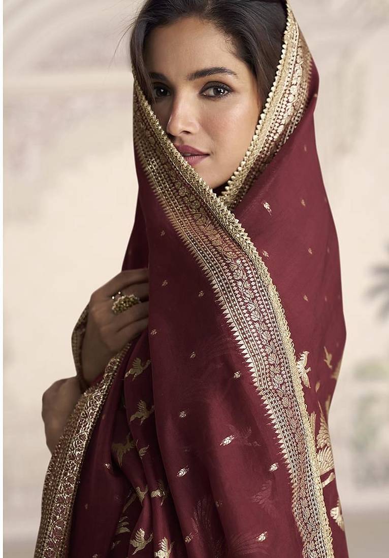 Maroon silk blend embroidered readymade anarkali dress with dupatta
